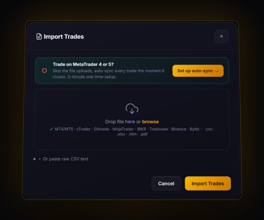 Import Trades screen in the RB Trading journal, where a broker history file is dropped in