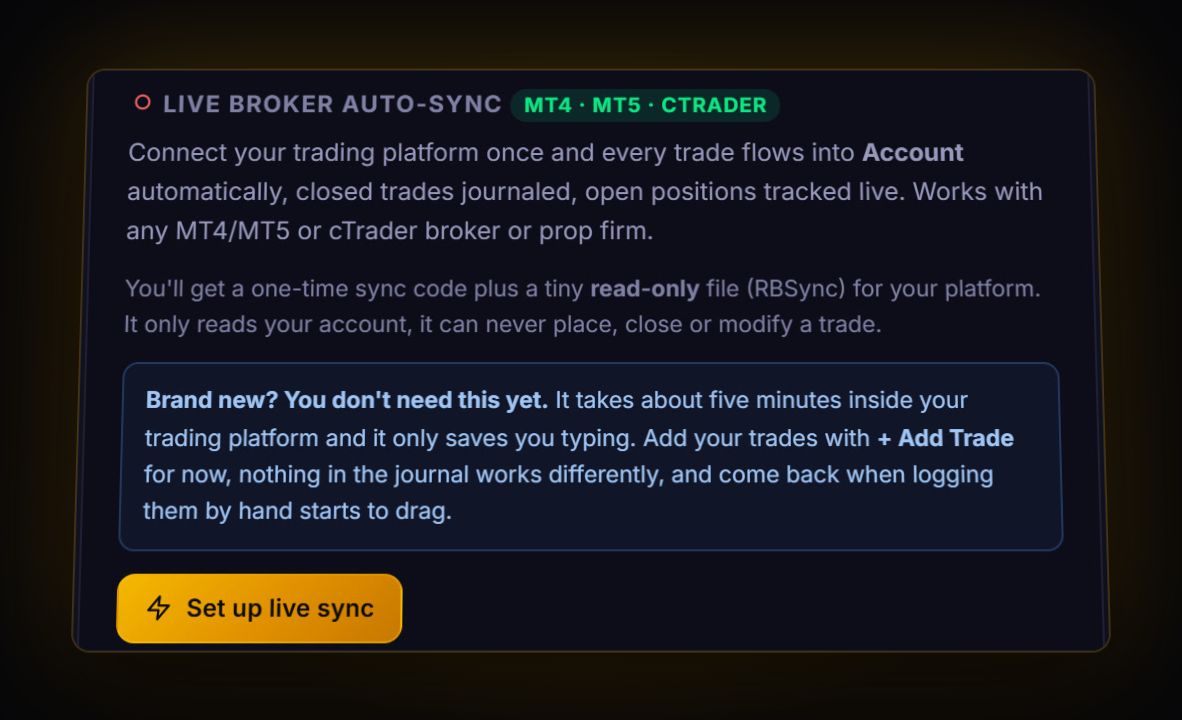 Live broker auto-sync settings for Tickmill MT4, MT5 and cTrader accounts in the RB Trading journal