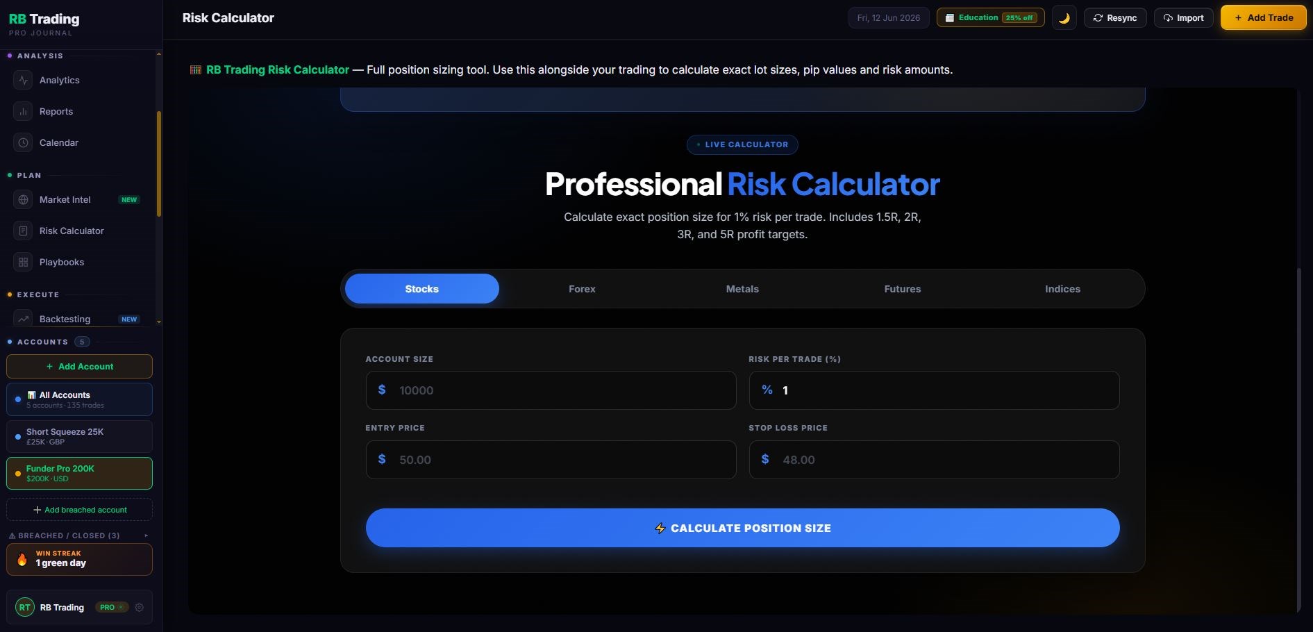 RB Trading risk calculator — exact position sizing