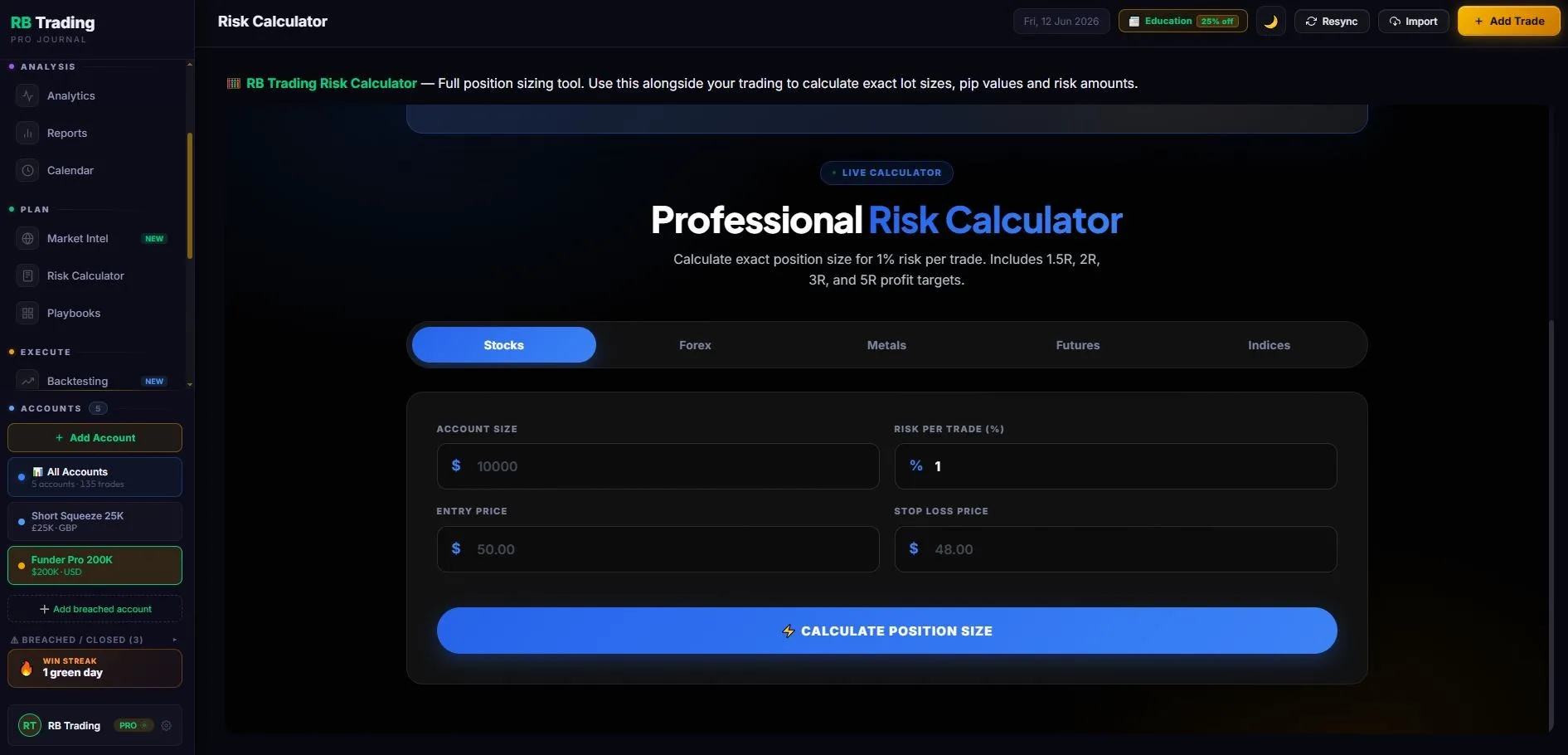 RB Trading risk calculator, exact position sizing