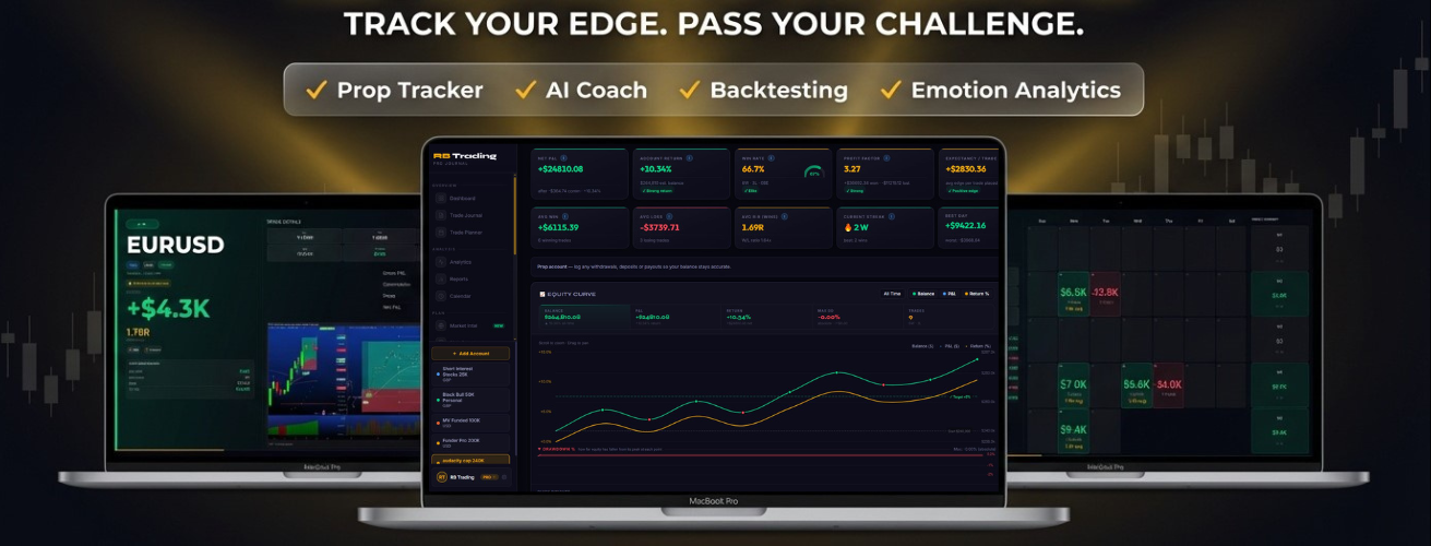 RB Trading Pro Journal — dashboard with winning trades, prop firm tracking and analytics